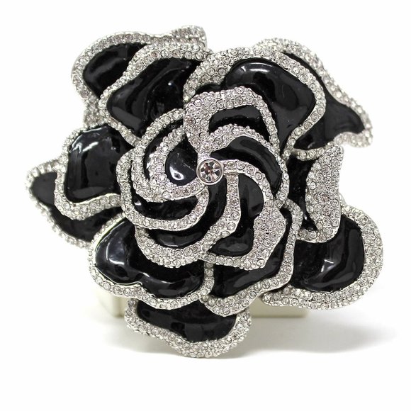 new Joan Rivers Classics Collection Black Enamel Rhinestone Gardenia Rose 3" Pin